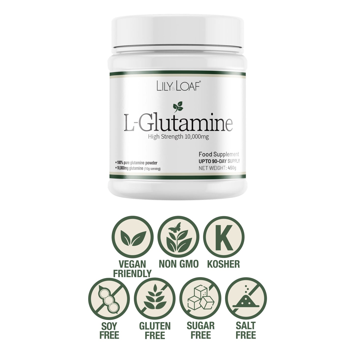 Lily & Loaf L-Glutamine supplement container with certification icons on a white background