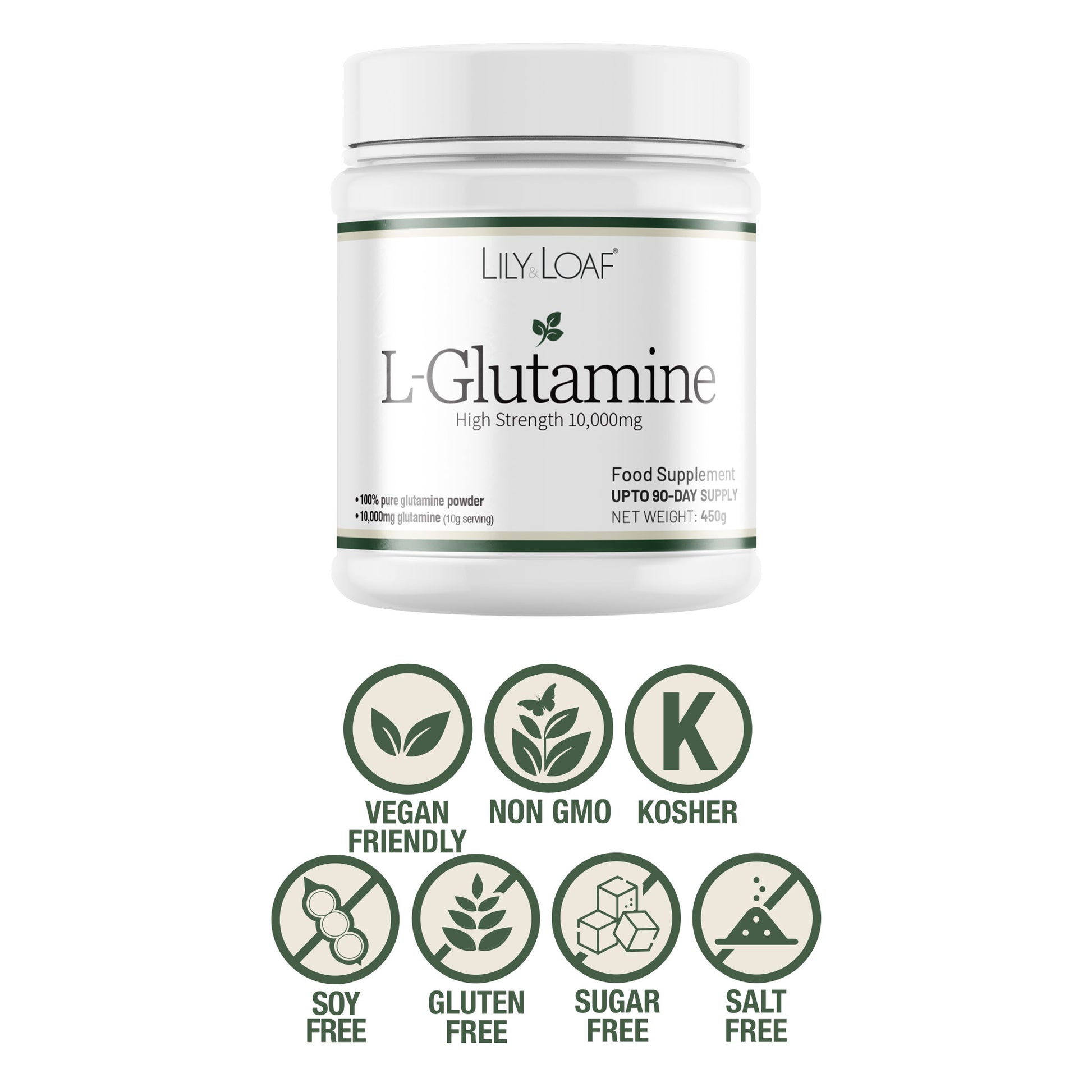 Lily & Loaf L-Glutamine supplement container with certification icons on a white background