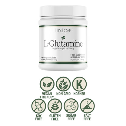 Lily & Loaf L-Glutamine supplement container with certification icons on a white background