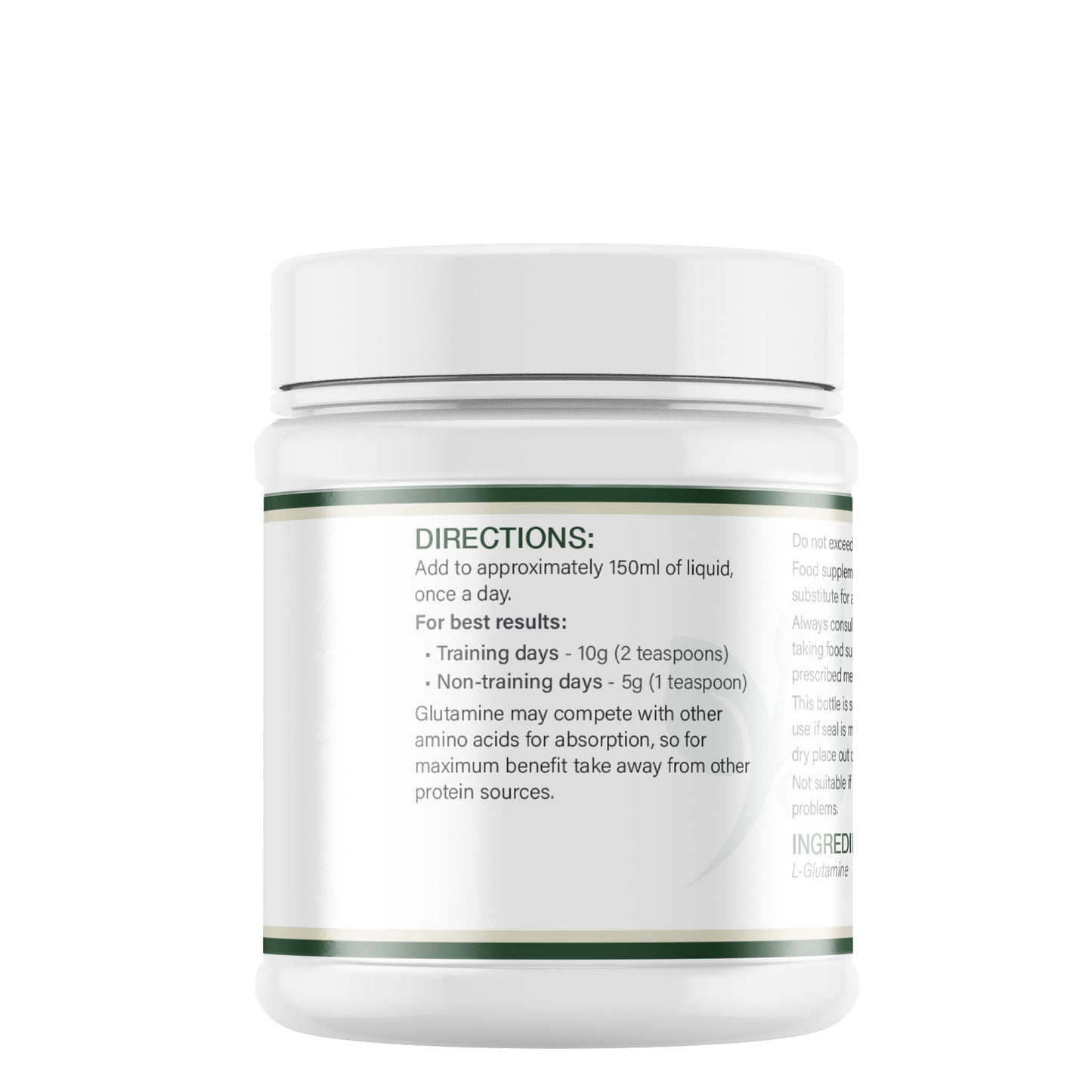 Lily & Loaf L-Glutamine supplement tub showing directions for use, dosage guidance and mixing instructions on label