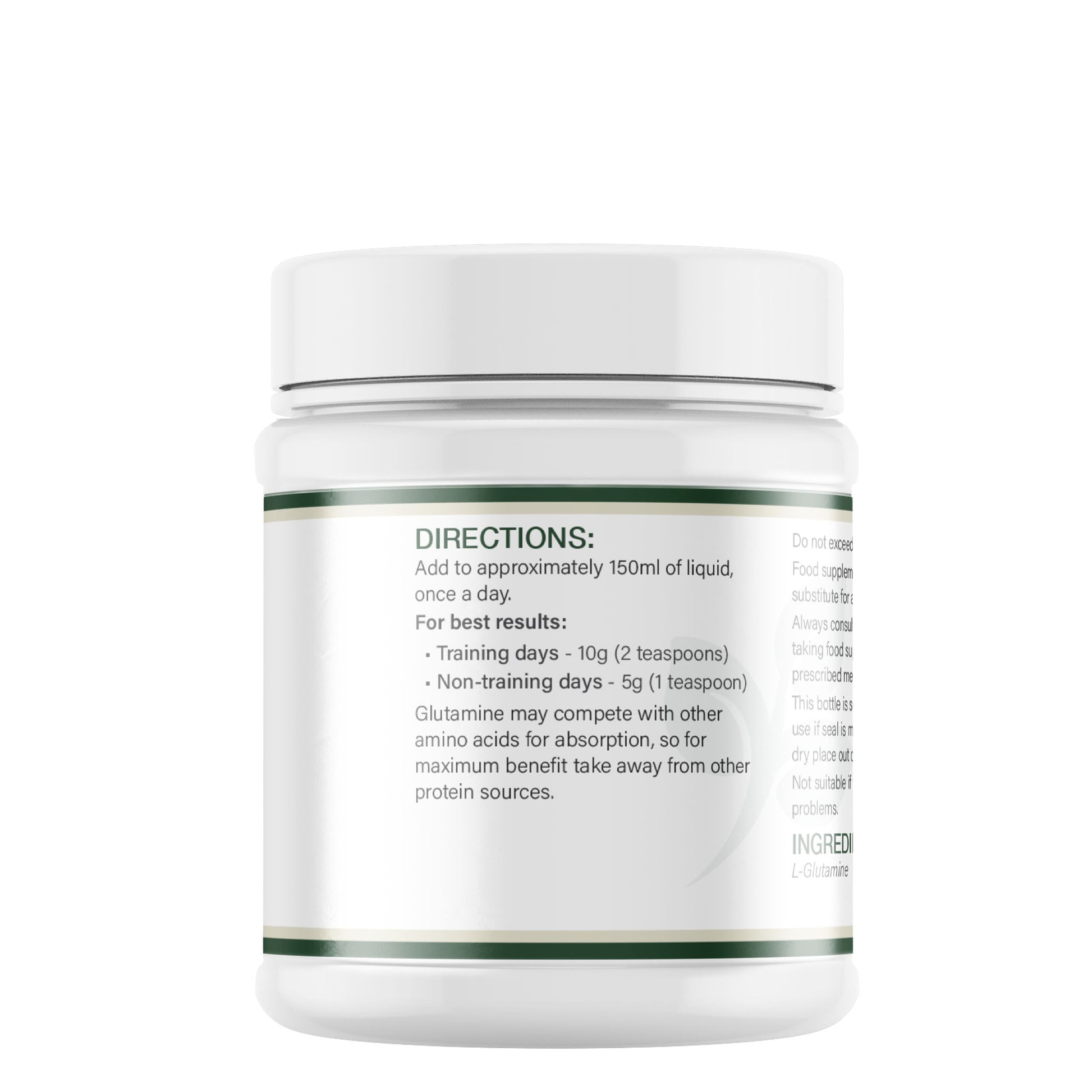 Lily & Loaf L-Glutamine supplement tub showing directions for use, dosage guidance and mixing instructions on label