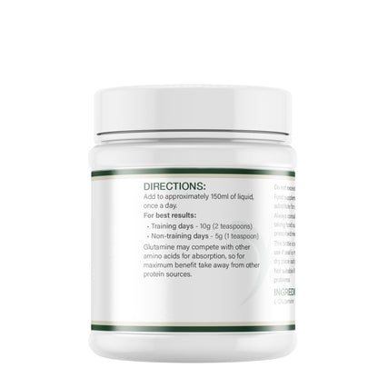 Lily & Loaf L-Glutamine supplement tub showing directions for use, dosage guidance and mixing instructions on label