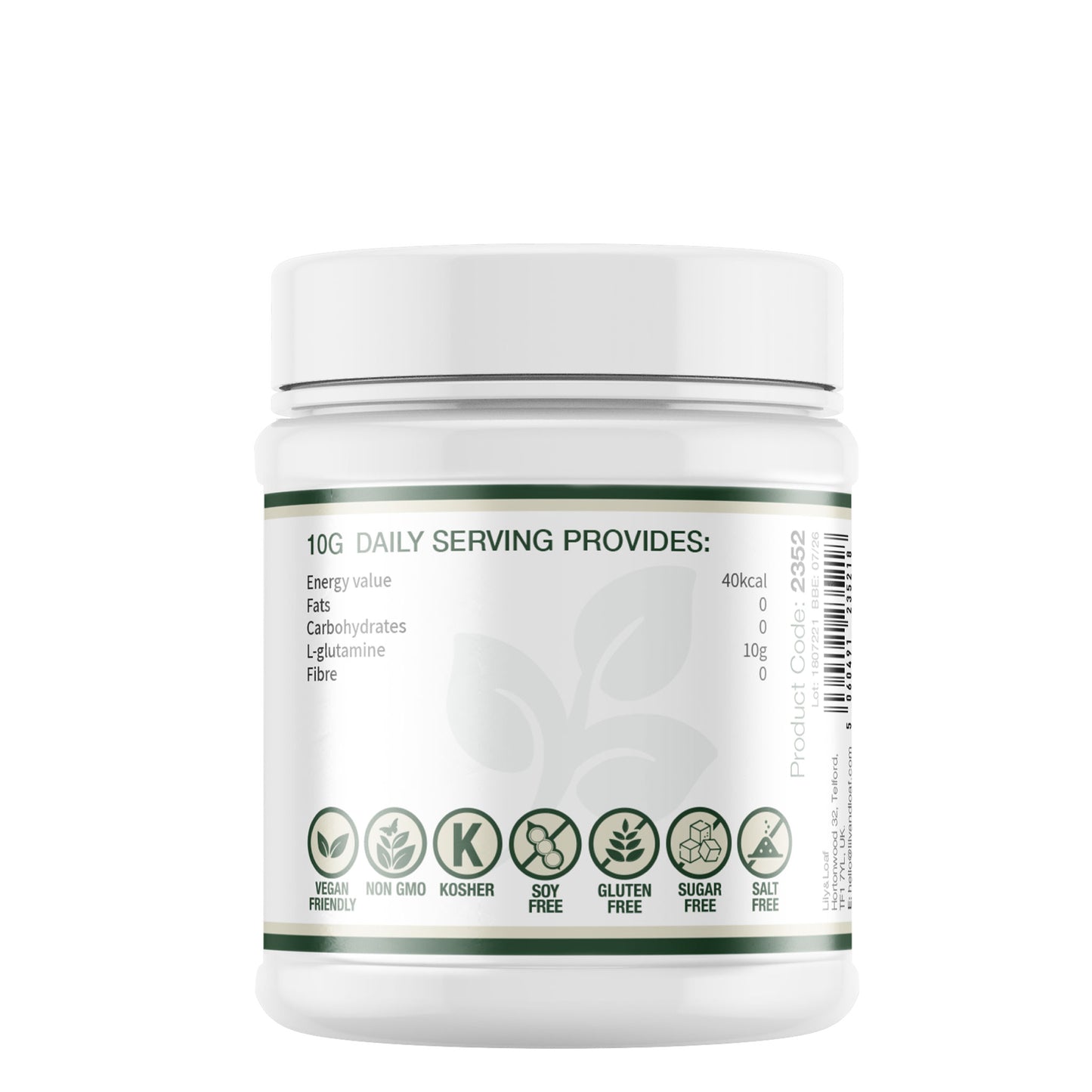 Lily & Loaf L-Glutamine supplement tub showing nutritional values, daily serving details and vegan, gluten-free and non-GMO icons