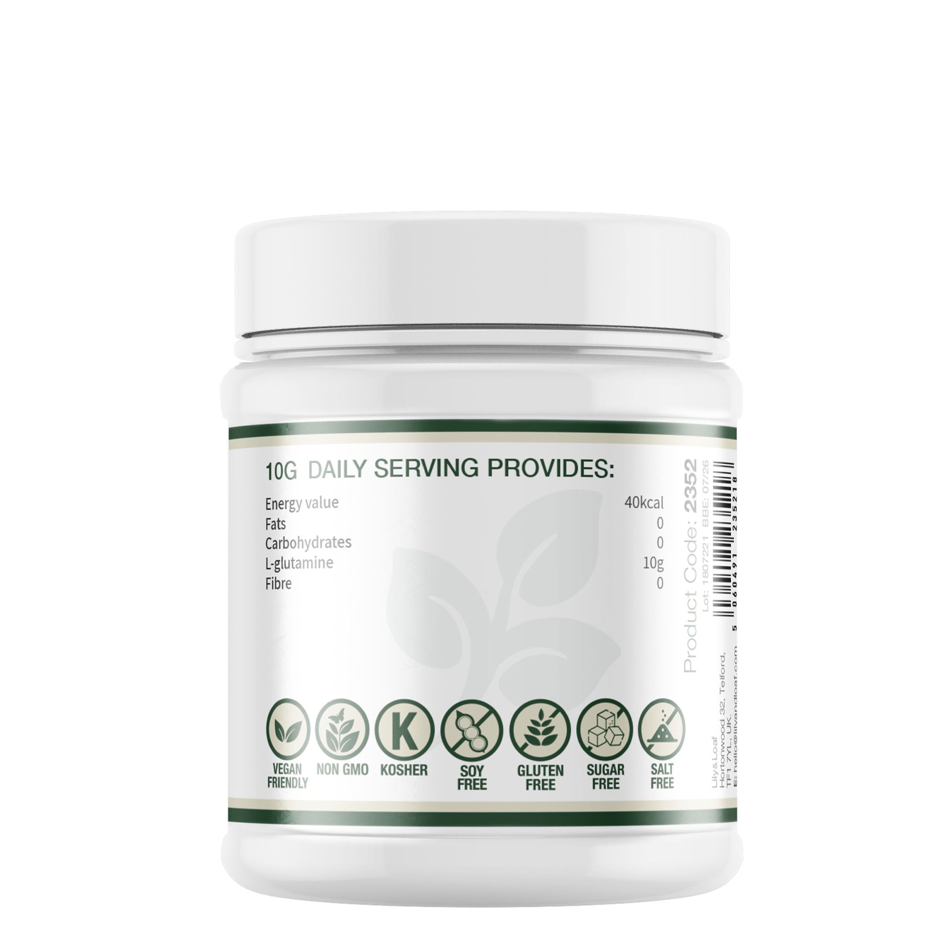 Lily & Loaf L-Glutamine supplement tub showing nutritional values, daily serving details and vegan, gluten-free and non-GMO icons