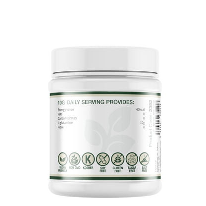 Lily & Loaf L-Glutamine supplement tub showing nutritional values, daily serving details and vegan, gluten-free and non-GMO icons