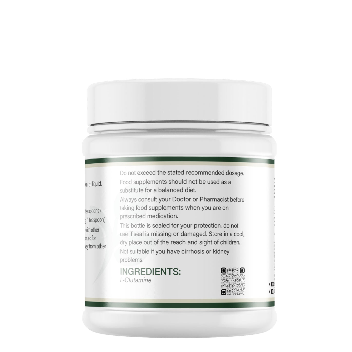 Lily & Loaf L-Glutamine supplement tub showing usage warnings, storage instructions and ingredient label on white background