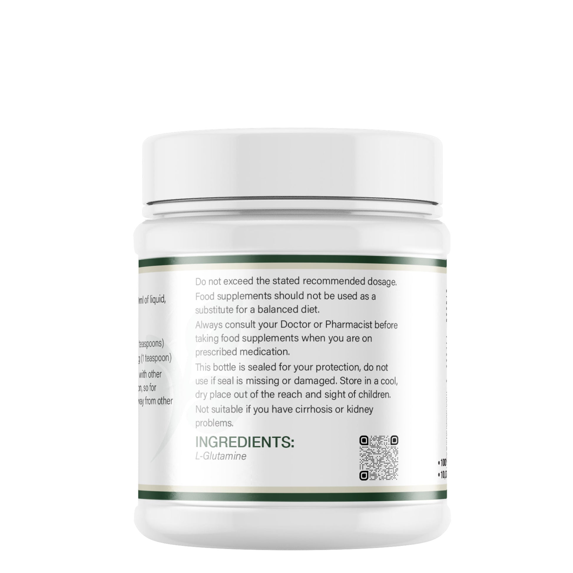 Lily & Loaf L-Glutamine supplement tub showing usage warnings, storage instructions and ingredient label on white background