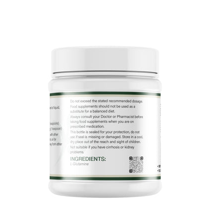 Lily & Loaf L-Glutamine supplement tub showing usage warnings, storage instructions and ingredient label on white background