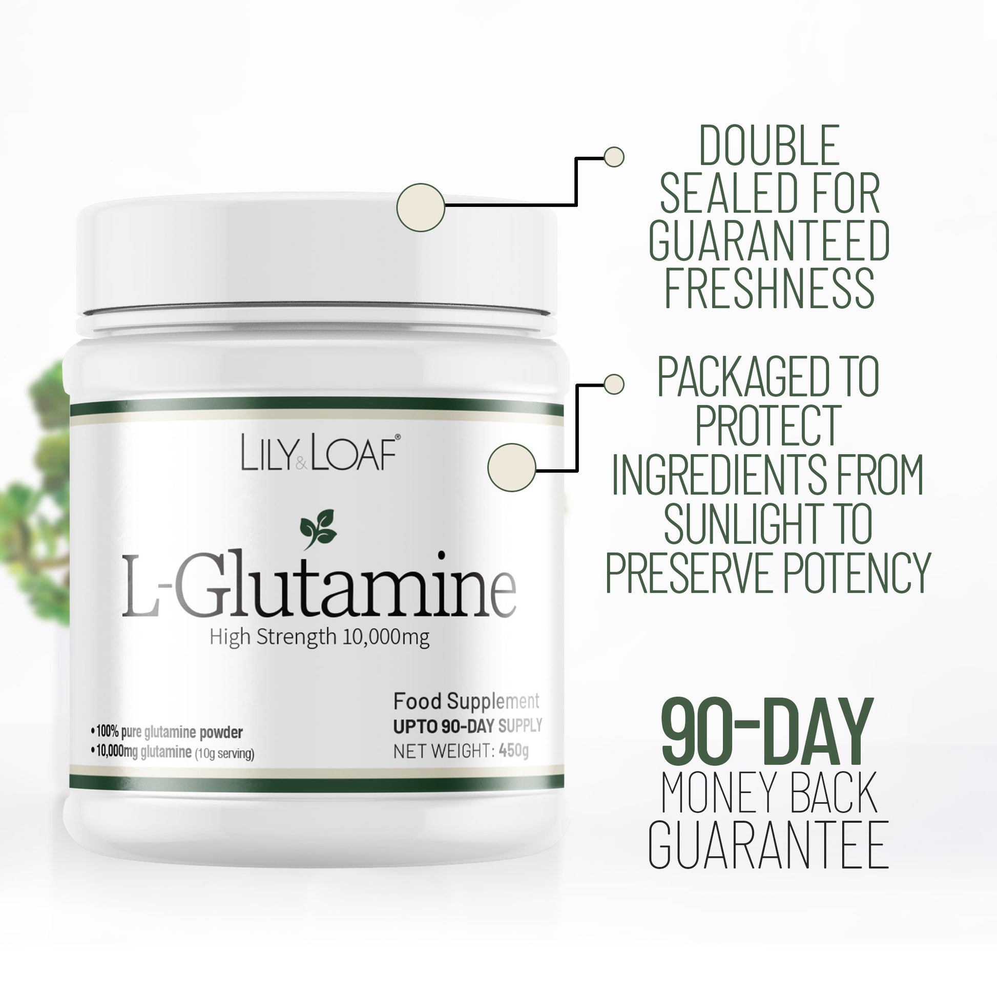 Lily & Loaf L-Glutamine supplement tub highlighting freshness seal, ingredient protection and 90-day money back guarantee
