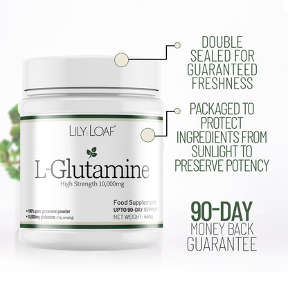 Lily & Loaf L-Glutamine supplement tub highlighting freshness seal, ingredient protection and 90-day money back guarantee