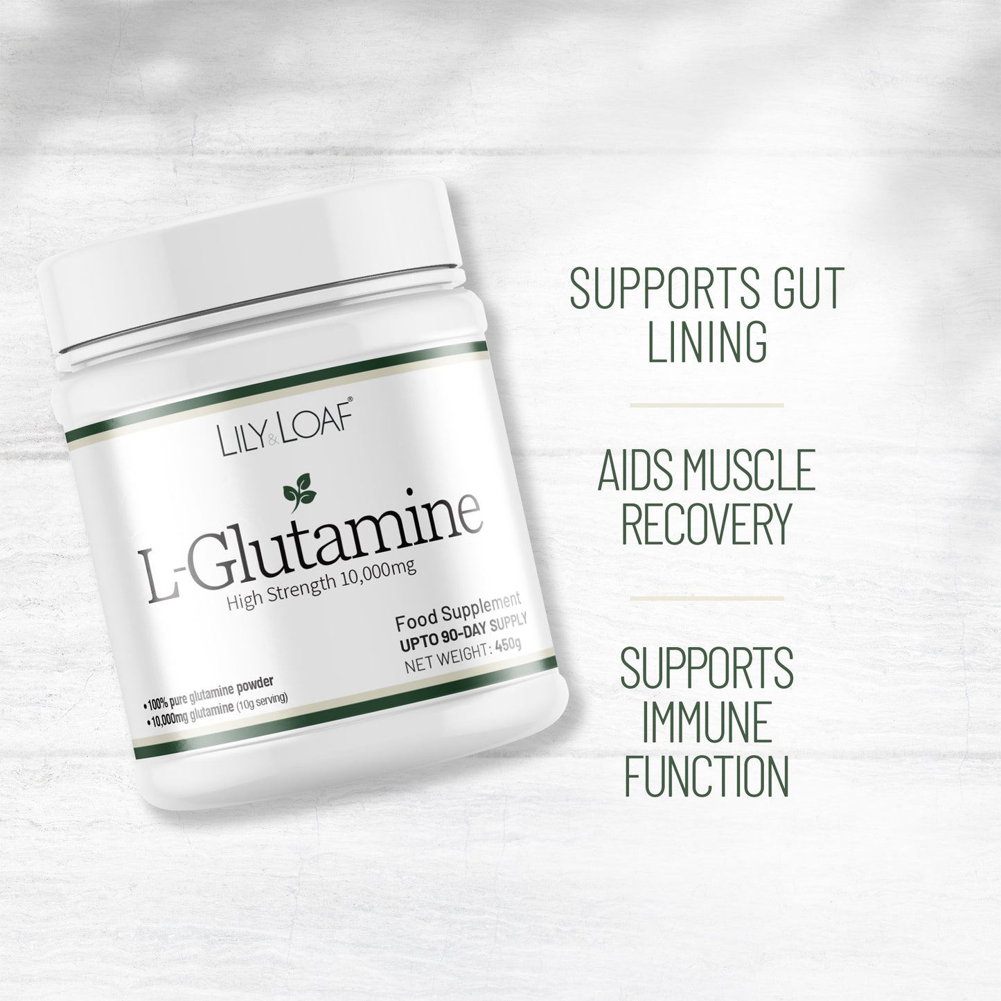 Lily & Loaf L-Glutamine supplement tub highlighting gut lining support, muscle recovery and immune function benefits