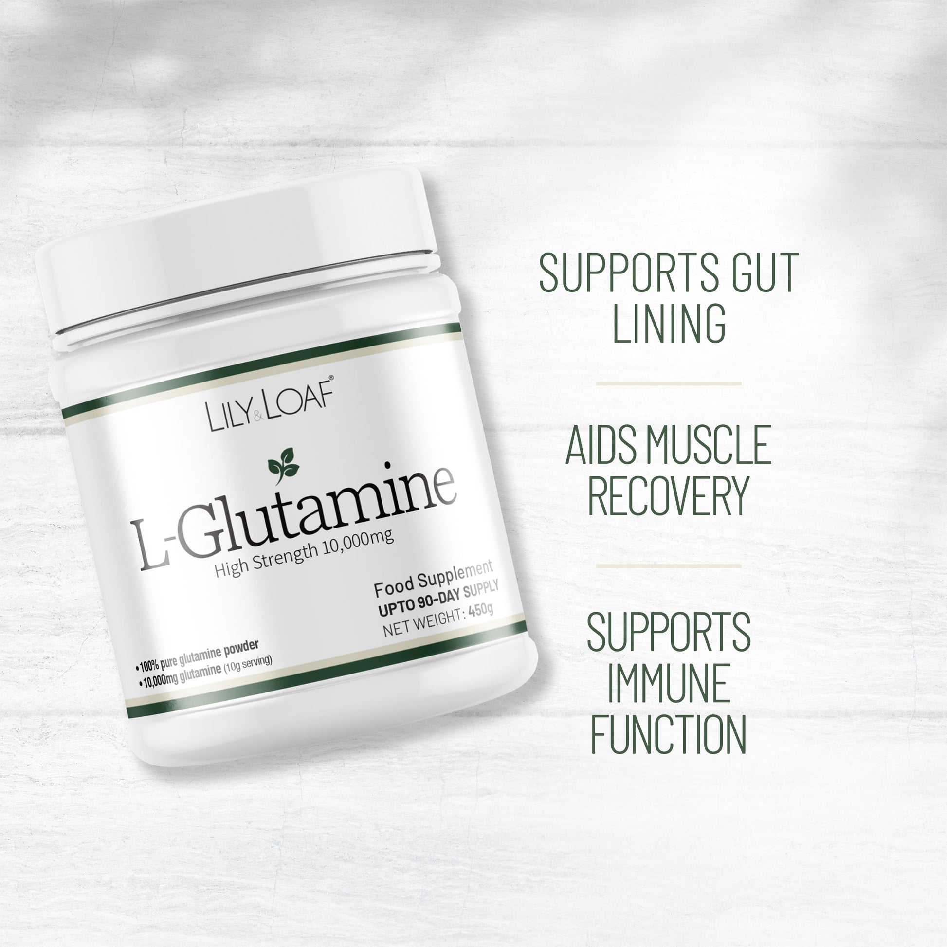 Lily & Loaf L-Glutamine supplement tub highlighting gut lining support, muscle recovery and immune function benefits