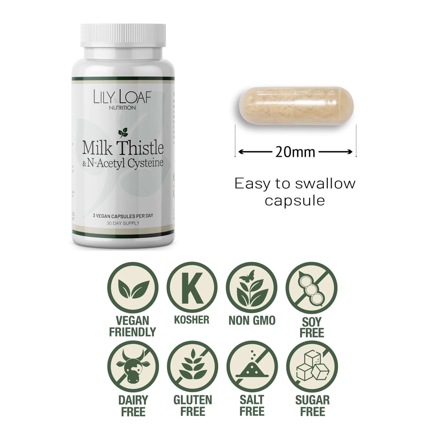 Lily & Loaf Milk Thistle & N-Acetyl Cysteine bottle with 20mm capsule, vegan, kosher, non-GMO, soy, dairy, gluten, salt, and sugar free.