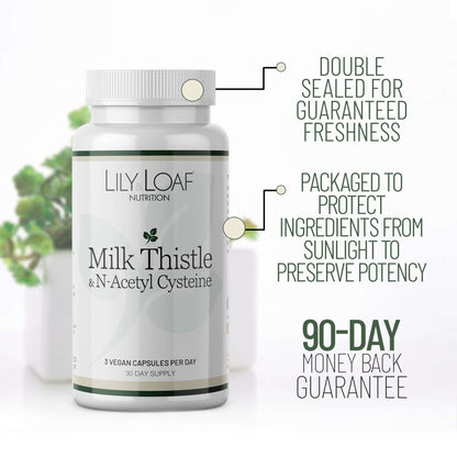 Lily & Loaf Milk Thistle & N-Acetyl Cysteine bottle with freshness seal, UV protection, and 90-day money-back guarantee.