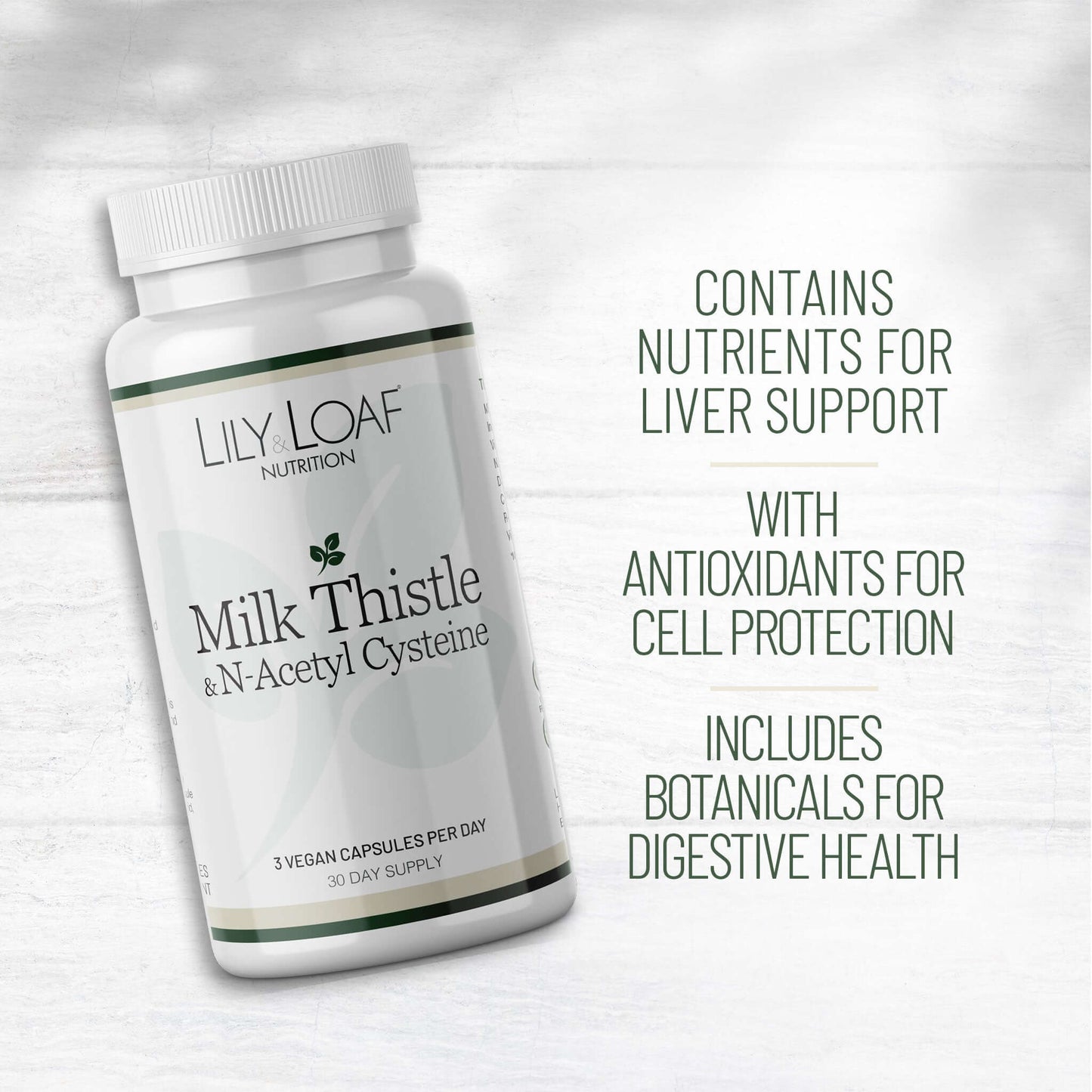 Lily & Loaf Milk Thistle & N-Acetyl Cysteine supplement bottle promoting liver, antioxidant, and digestive support.