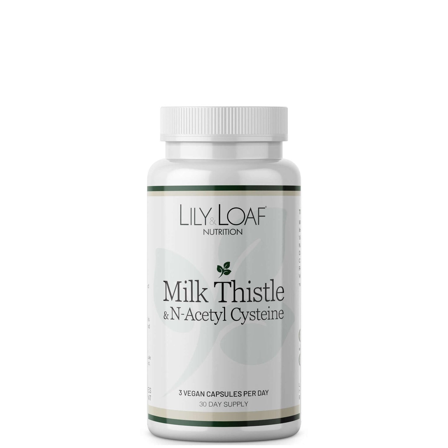 A bottle of Lily & Loaf Milk Thistle & N-Acetyl Cysteine supplement with white and green labelling.