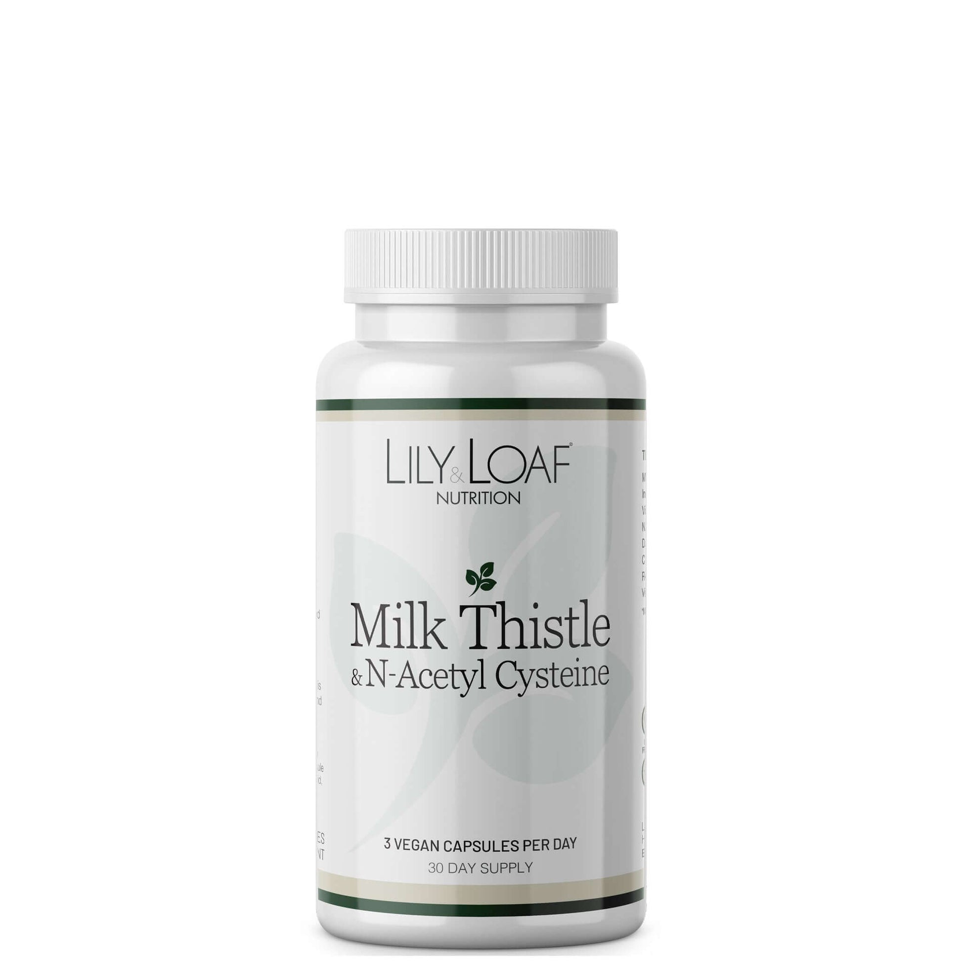A bottle of Lily & Loaf Milk Thistle & N-Acetyl Cysteine supplement with white and green labelling.