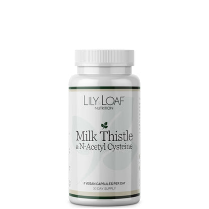 A bottle of Lily & Loaf Milk Thistle & N-Acetyl Cysteine supplement with white and green labelling.