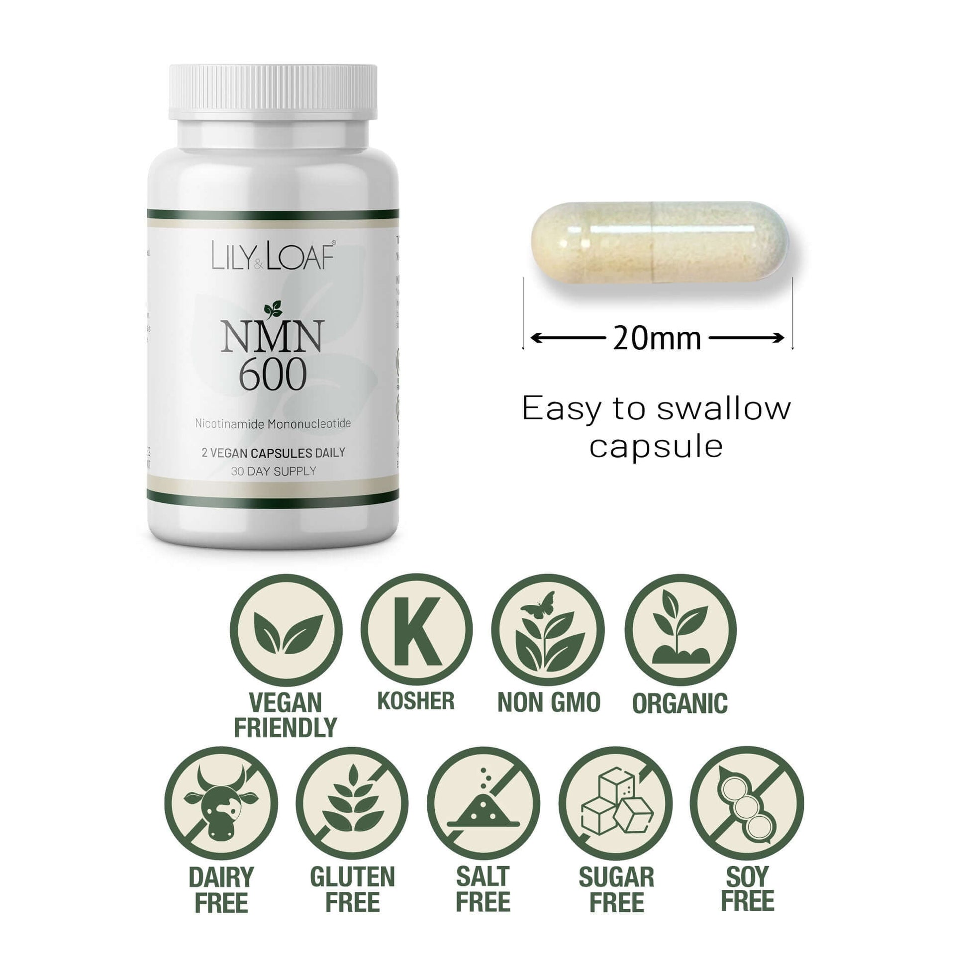 Lily & Loaf NMN 600 bottle with capsule size and icons showing vegan, non-GMO, organic and allergen-free benefits