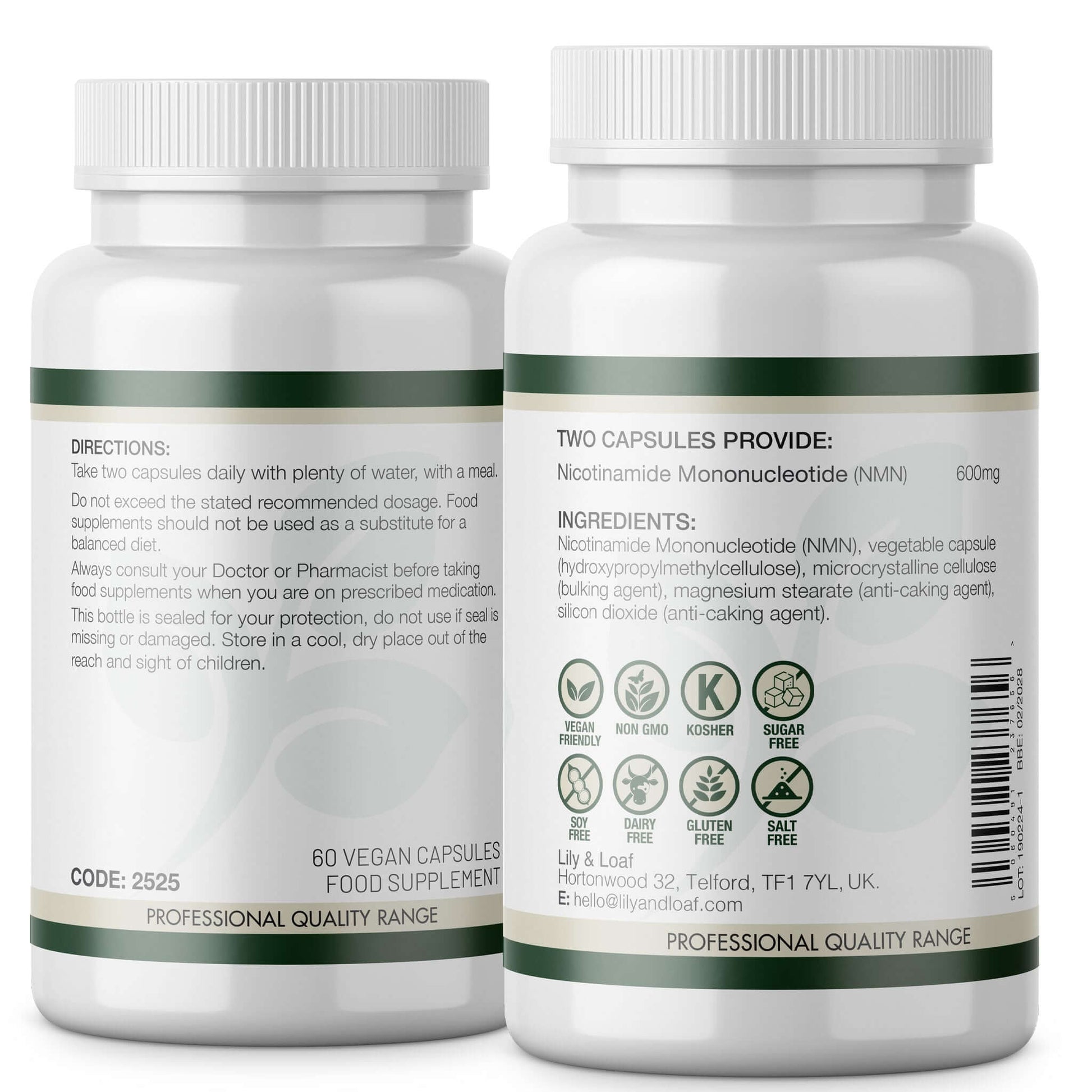 Lily & Loaf NMN 600 supplement bottle showing label details, ingredients and dosage information on a white background