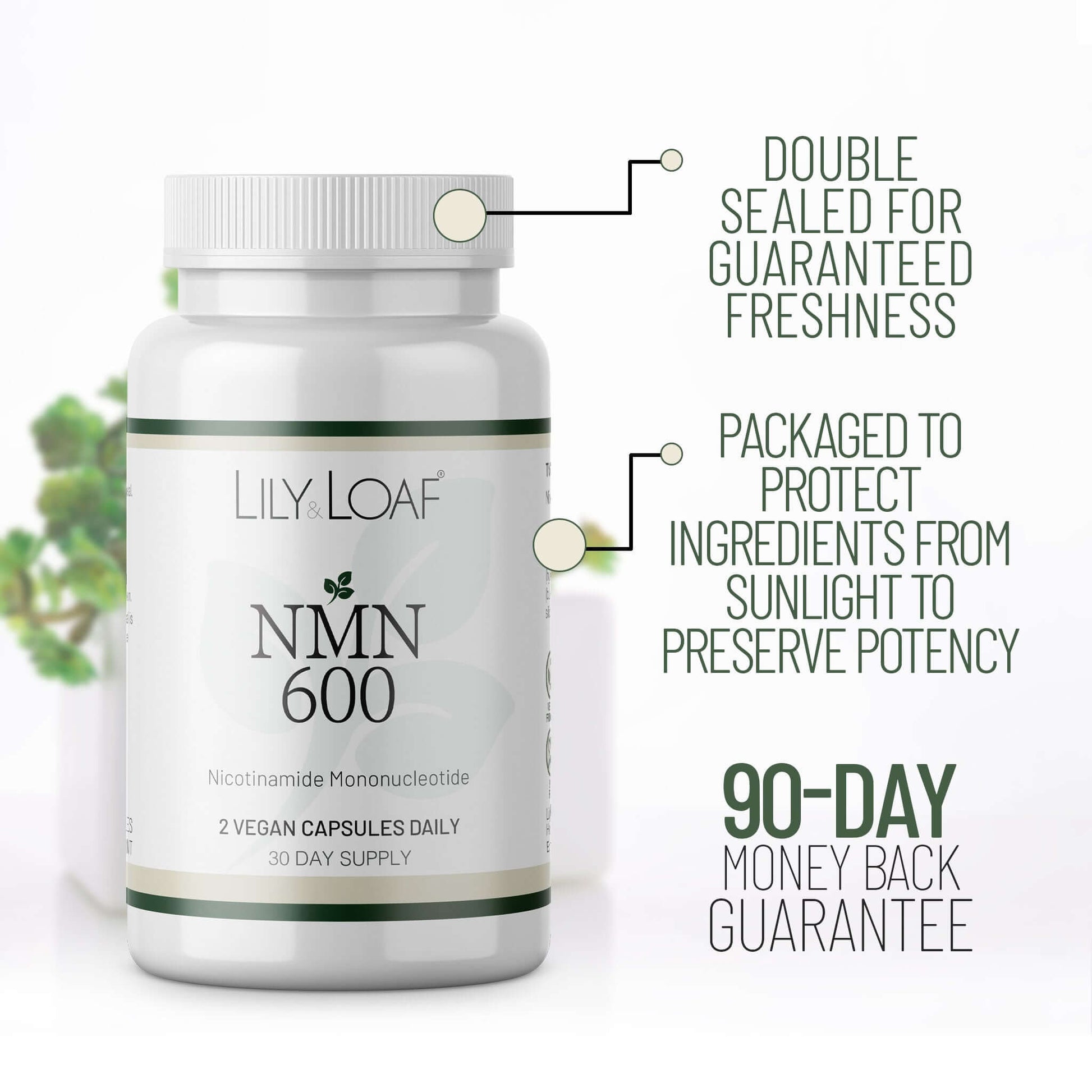 Lily & Loaf NMN 600 supplement bottle highlighting freshness seal, sunlight protection and 90-day money back guarantee