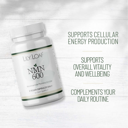 Lily & Loaf NMN 600 supplement bottle with text highlighting cellular energy, vitality and daily wellbeing support