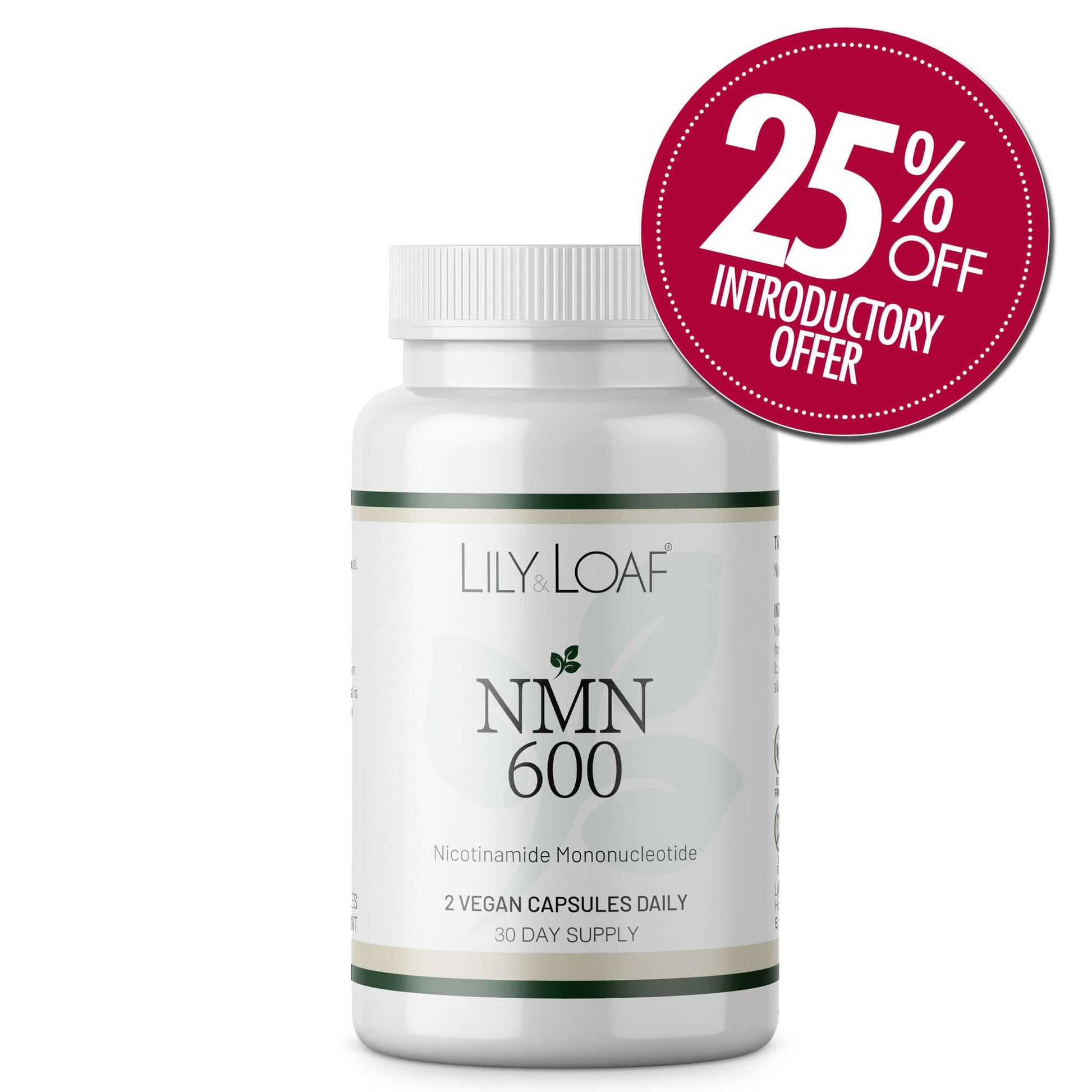 Lily & Loaf NMN 600 supplement bottle with a 25% off introductory offer badge on a white background