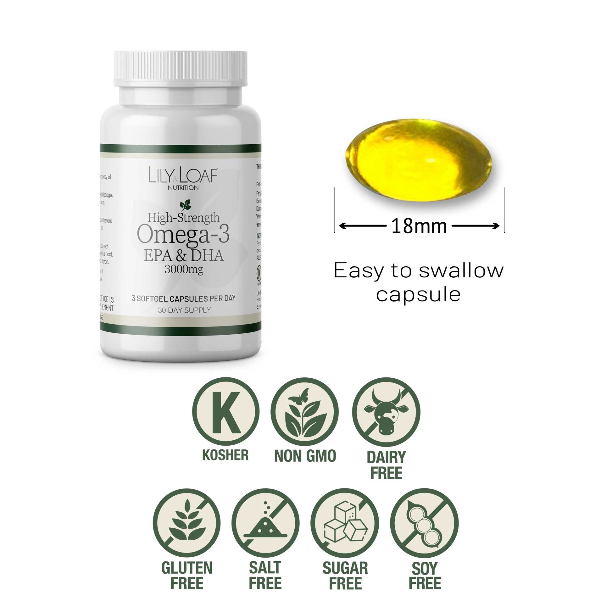 Lily & Loaf High Strength Omega-3 EPA & DHA supplement bottle with 18mm easy-to-swallow tablet and free-from icons.