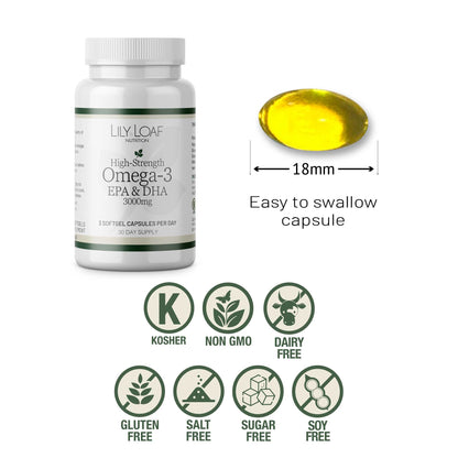 Lily & Loaf High Strength Omega-3 EPA & DHA supplement bottle with 18mm easy-to-swallow tablet and free-from icons.