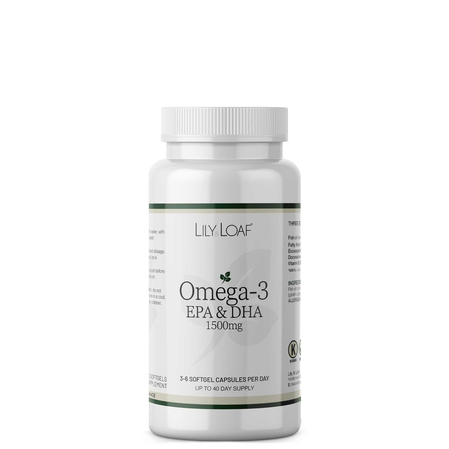 Bottle of Lily & Loaf Omega-3 EPA and DHA 1500mg Supplement on a white background