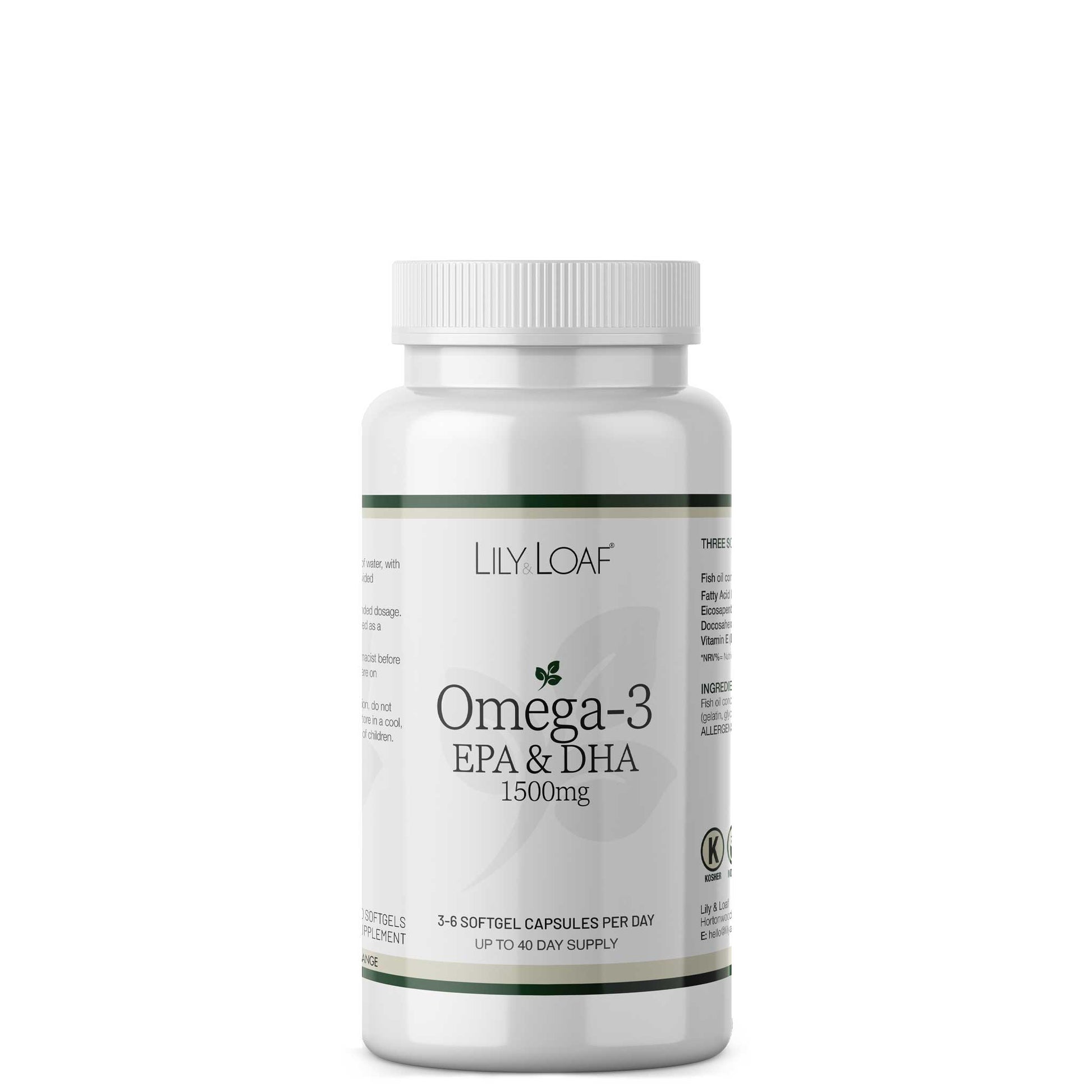Bottle of Lily & Loaf Omega-3 EPA and DHA 1500mg Supplement on a white background