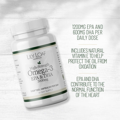 Lily & Loaf High-Strength Omega-3 EPA & DHA 3000mg bottle showing heart support benefits and vitamin E for oil stability.
