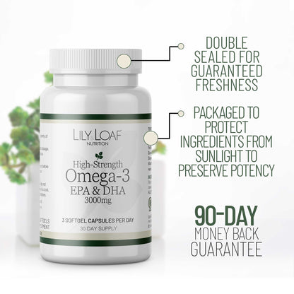 Lily & Loaf High Strength Omega-3 EPA & DHA supplement bottle highlighting double-sealed packaging, light protection for potency, and 90-day money-back guarantee.