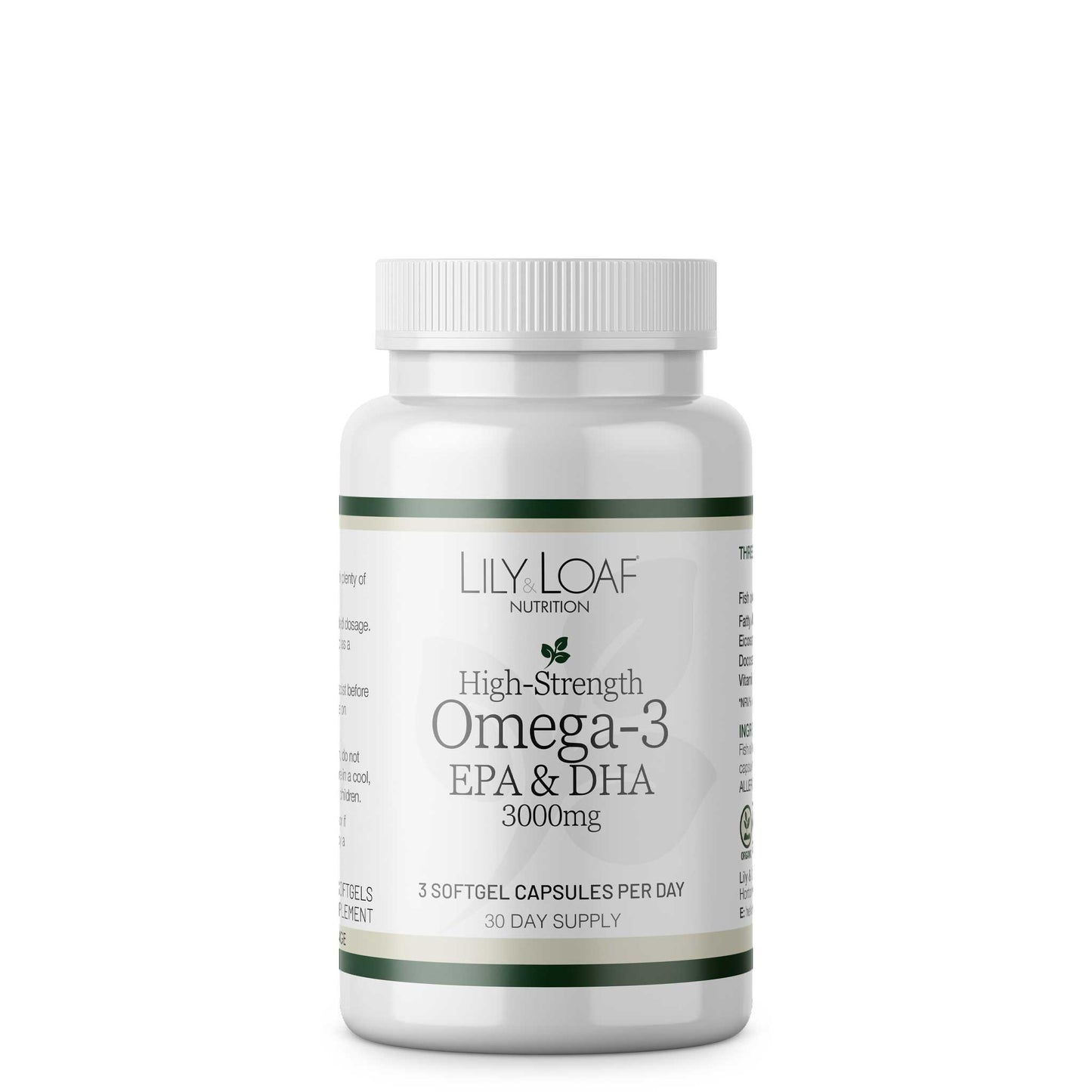 Lily & Loaf High-Strength Omega-3 EPA & DHA 3000mg supplement bottle, fish oil capsules for daily omega-3 intake.