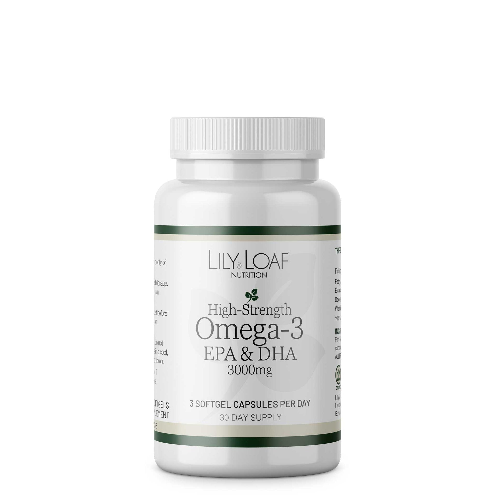 Lily & Loaf High-Strength Omega-3 EPA & DHA 3000mg supplement bottle, fish oil capsules for daily omega-3 intake.