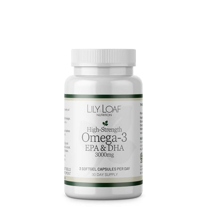 Lily & Loaf High-Strength Omega-3 EPA & DHA 3000mg supplement bottle, fish oil capsules for daily omega-3 intake.