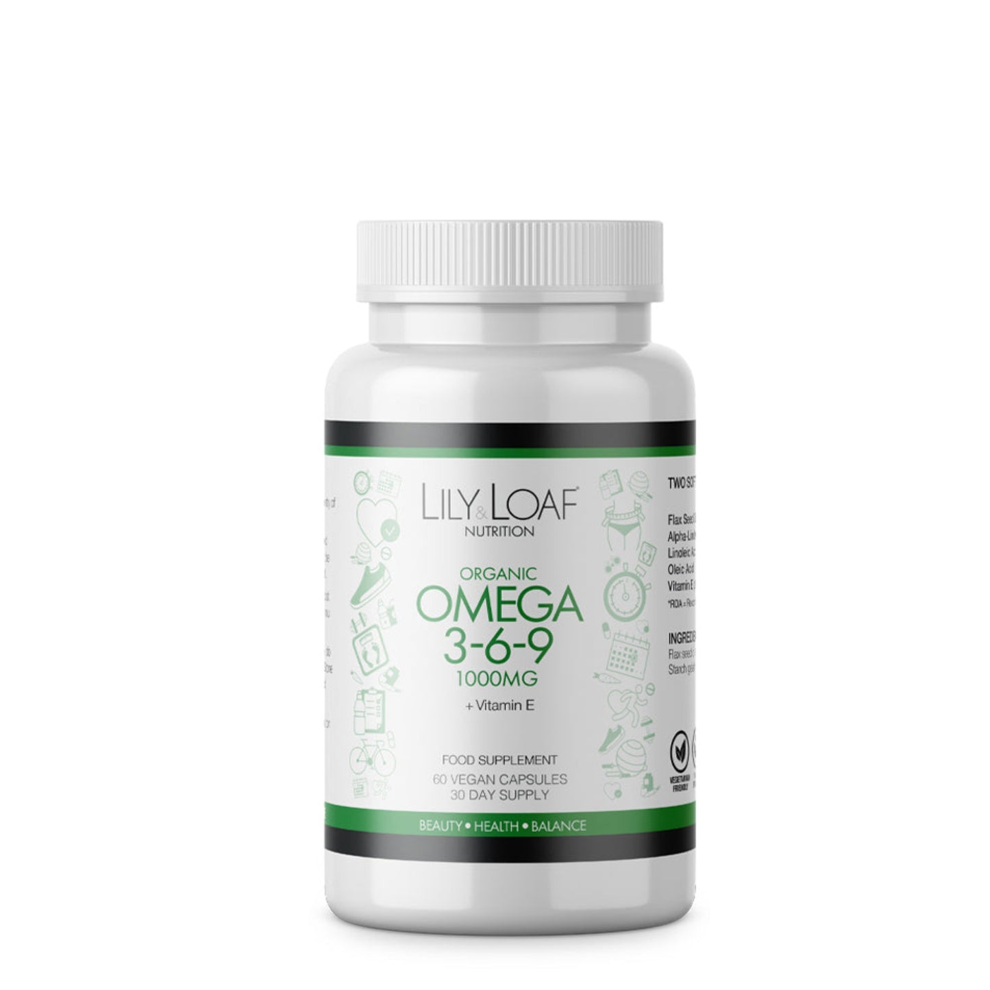 White bottle of Lily & Loaf Organic Omega 3-6-9 supplement with Vitamin E, containing 60 vegan capsules for a 30-day supply.