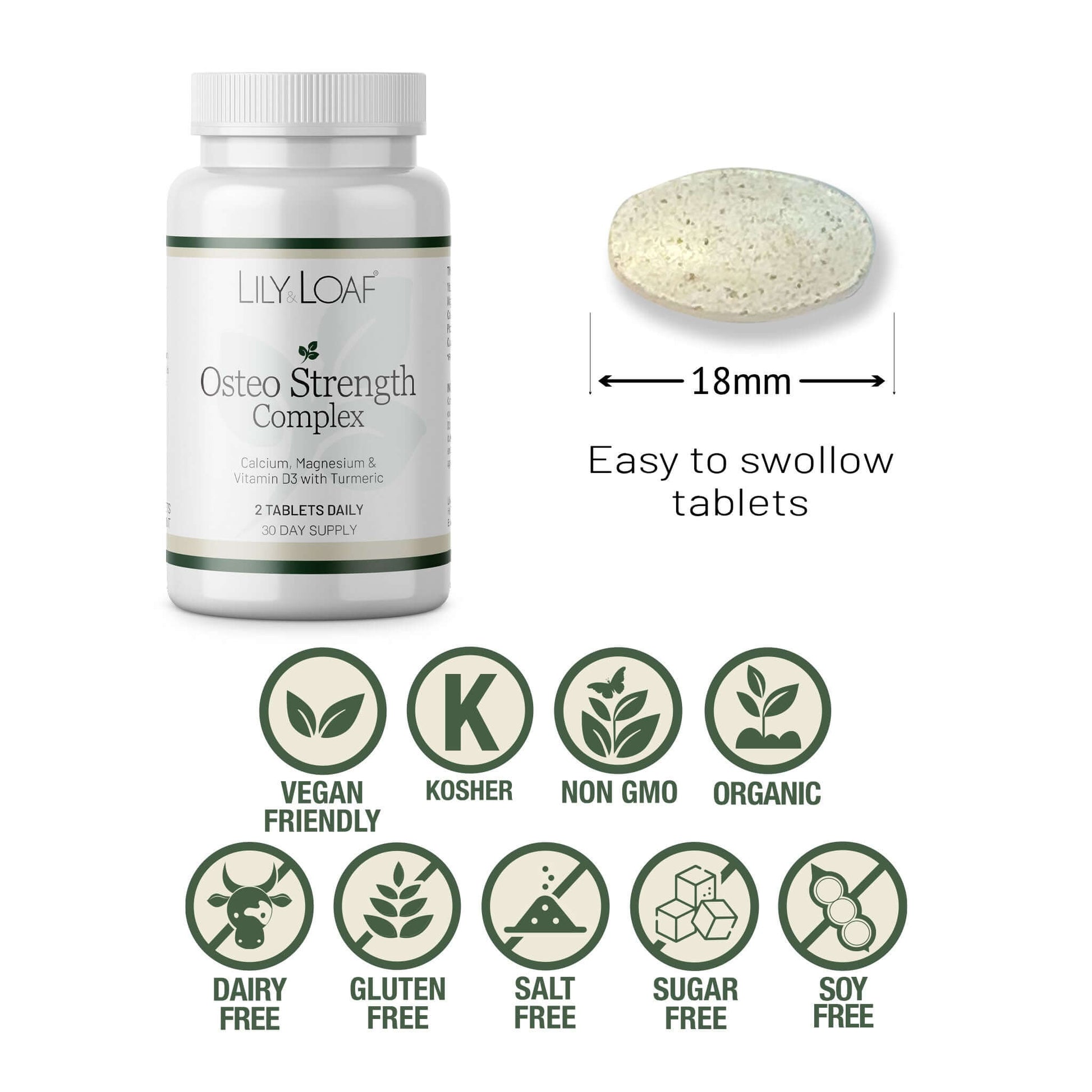 Lily & Loaf Osteo Strength Complex bottle with tablet size and icons showing vegan, non-GMO, organic and allergen-free features