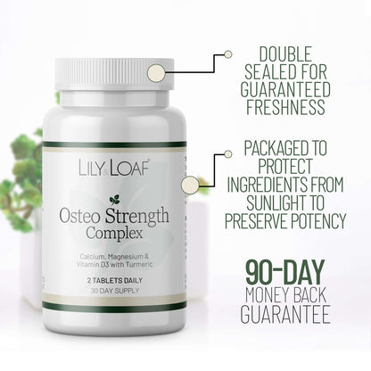 Lily & Loaf Osteo Strength Complex bottle highlighting freshness seal, ingredient protection and 90-day money back guarantee