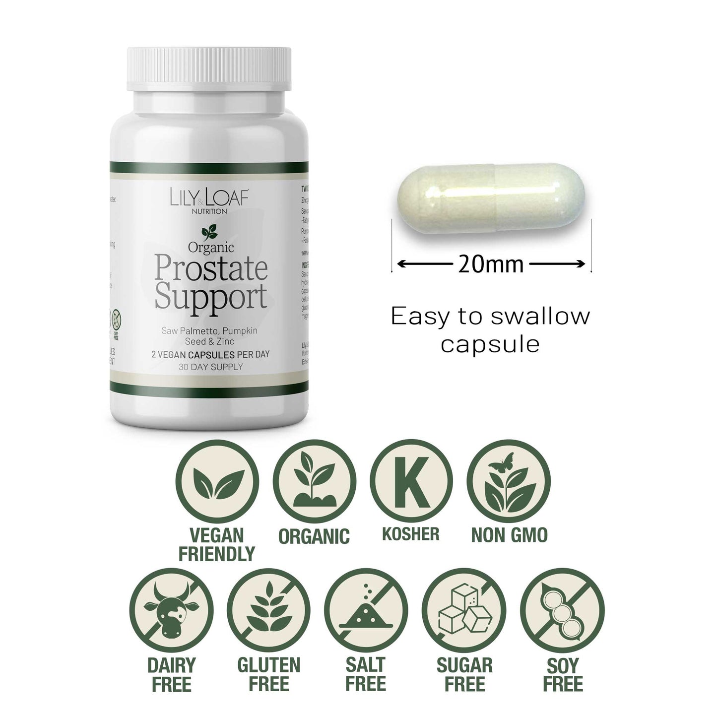 Organic Prostate Support bottle with capsule size guide and icons showing vegan friendly, organic, kosher, non-GMO and allergen-free benefits.