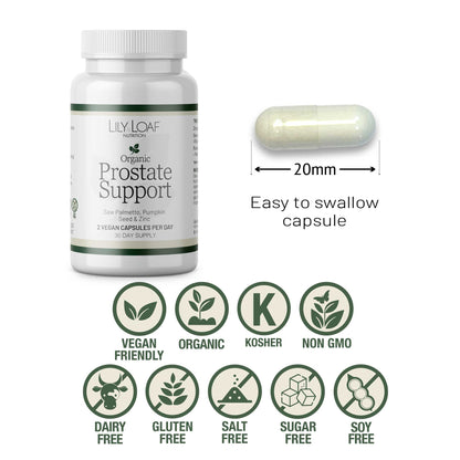 Organic Prostate Support bottle with capsule size guide and icons showing vegan friendly, organic, kosher, non-GMO and allergen-free benefits.