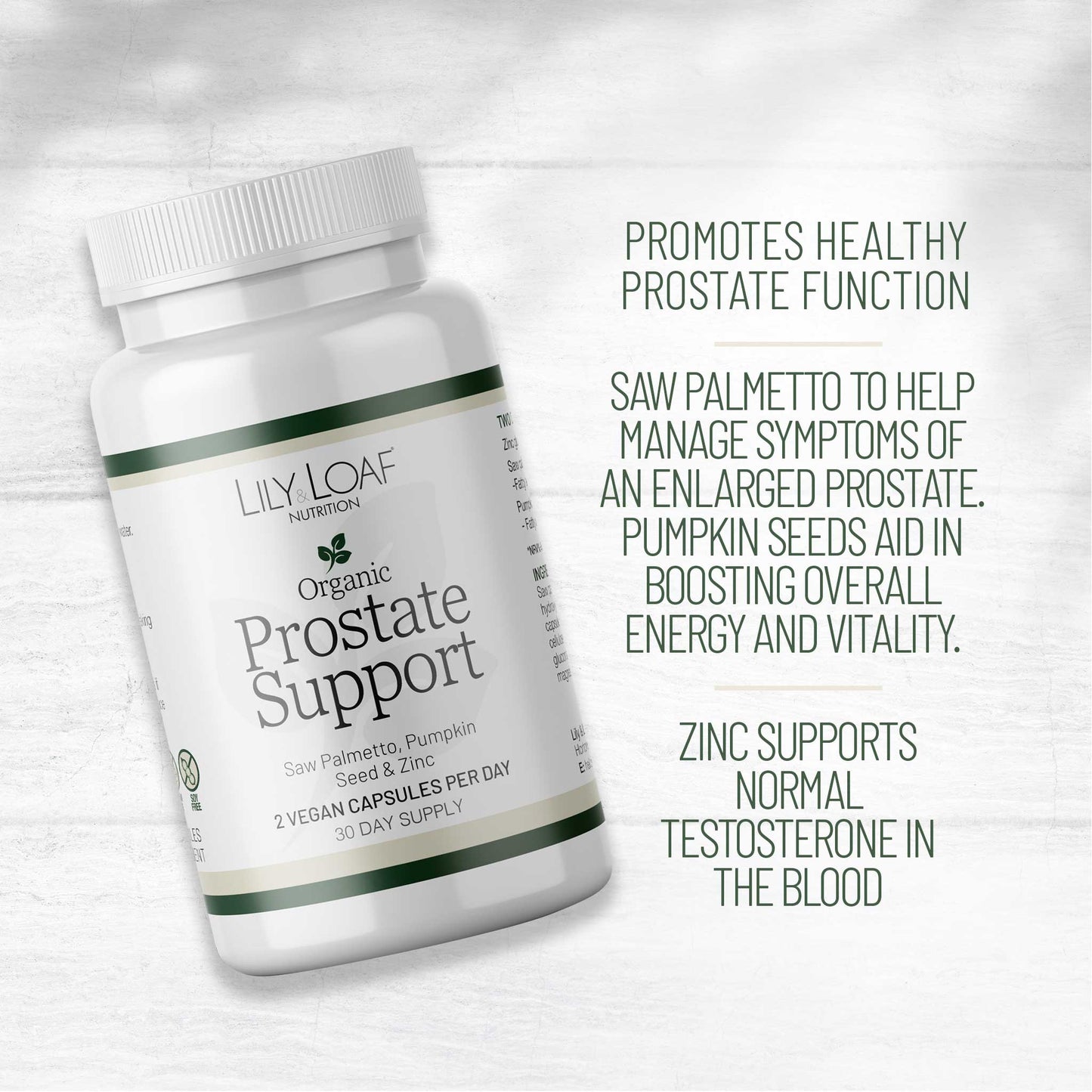 Bottle of Lily & Loaf Organic Prostate Support supplement alongside text describing benefits such as prostate function and energy support.