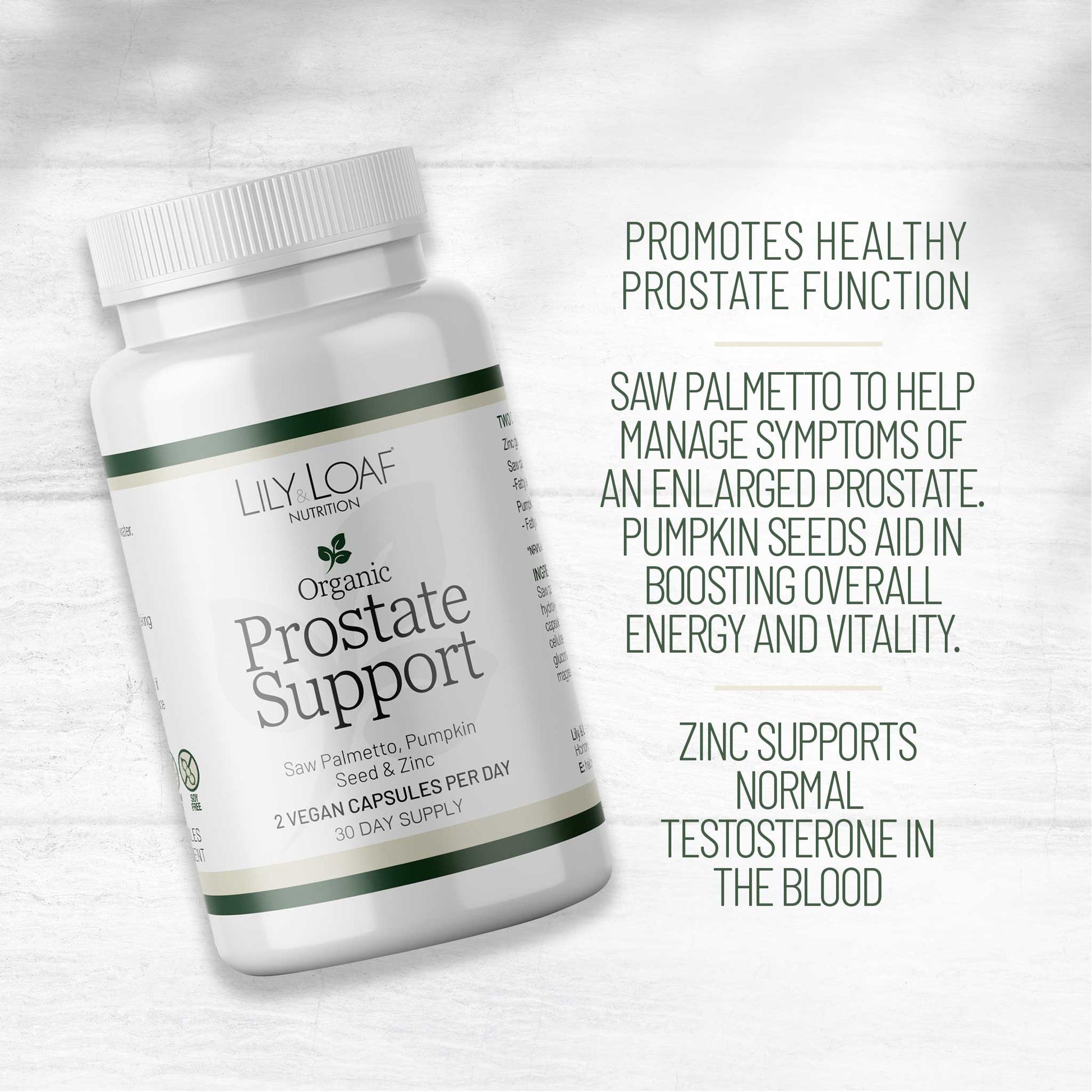 Bottle of Lily & Loaf Organic Prostate Support supplement alongside text describing benefits such as prostate function and energy support.