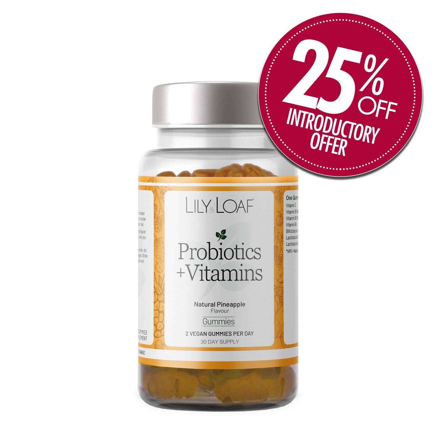 Lily & Loaf Probiotics + Vitamins gummies in natural pineapple flavour, with a 25% off introductory offer