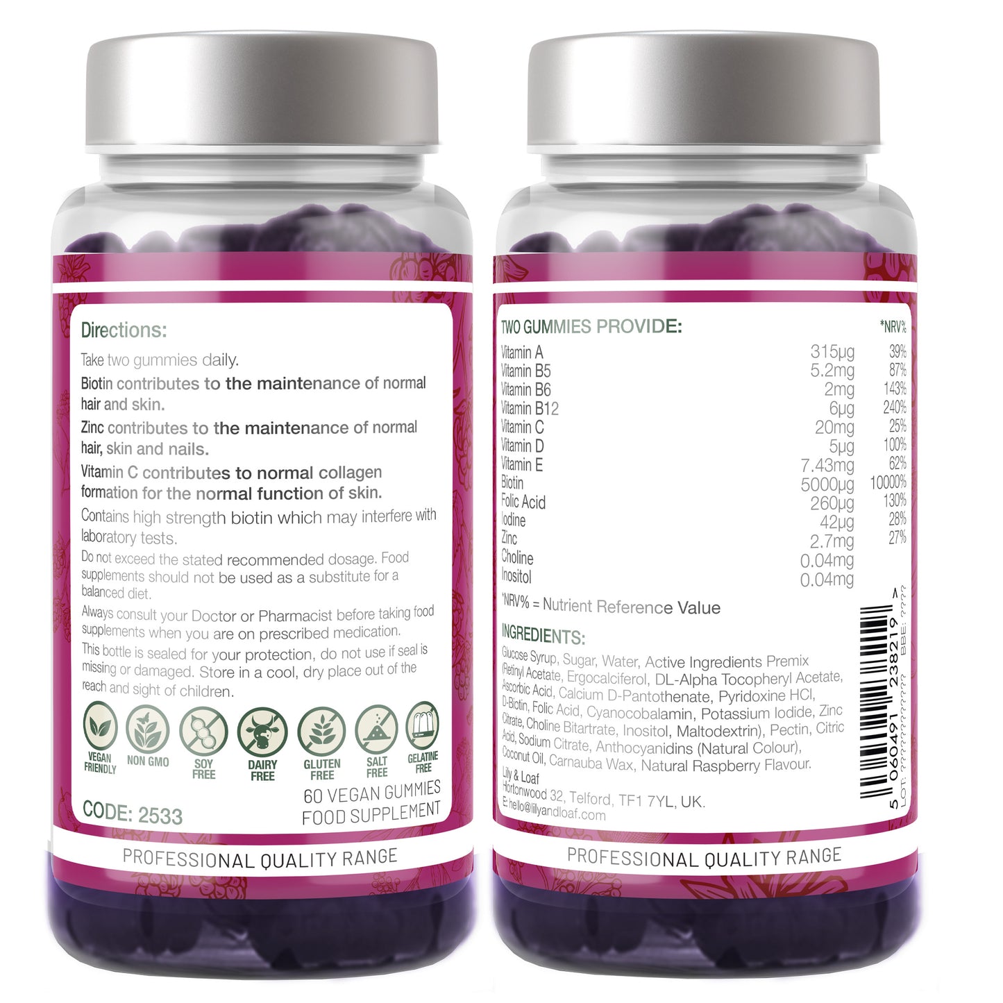 Lily & Loaf Hair, Skin & Nails labels showing nutritional information and ingredients.