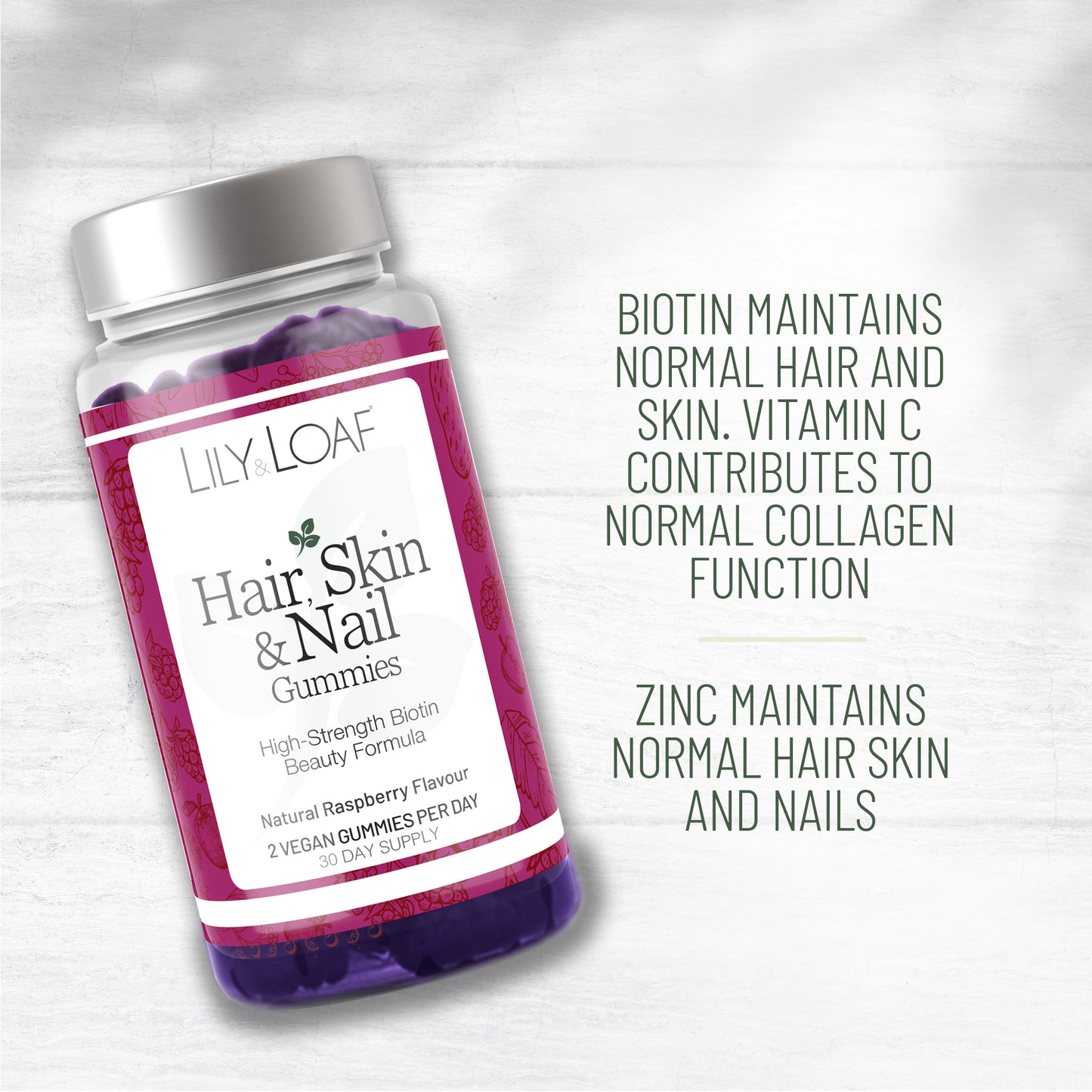 Bottle of Lily & Loaf Hair, Skin & Nail Gummies with product facts on a light grey background