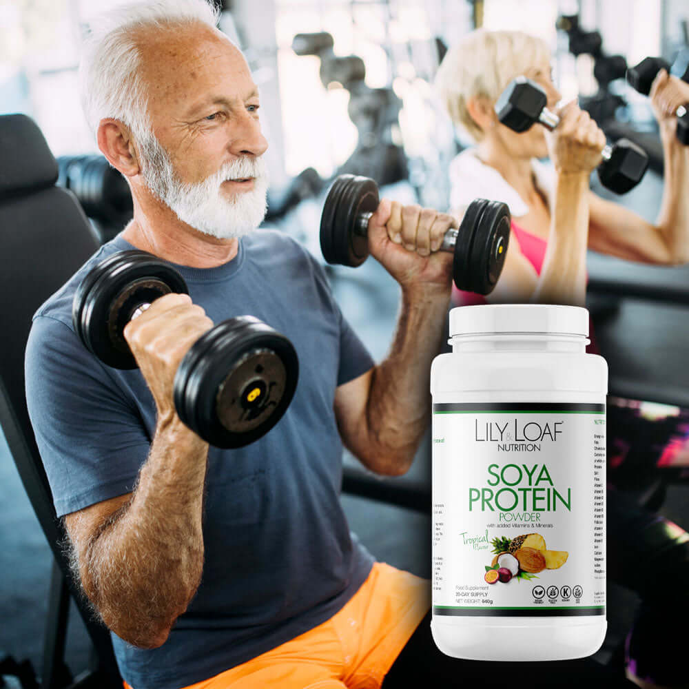 Lily & Loaf Soya Protein+ With Vitamins & Minerals - Older man lifting weights in a gym setting