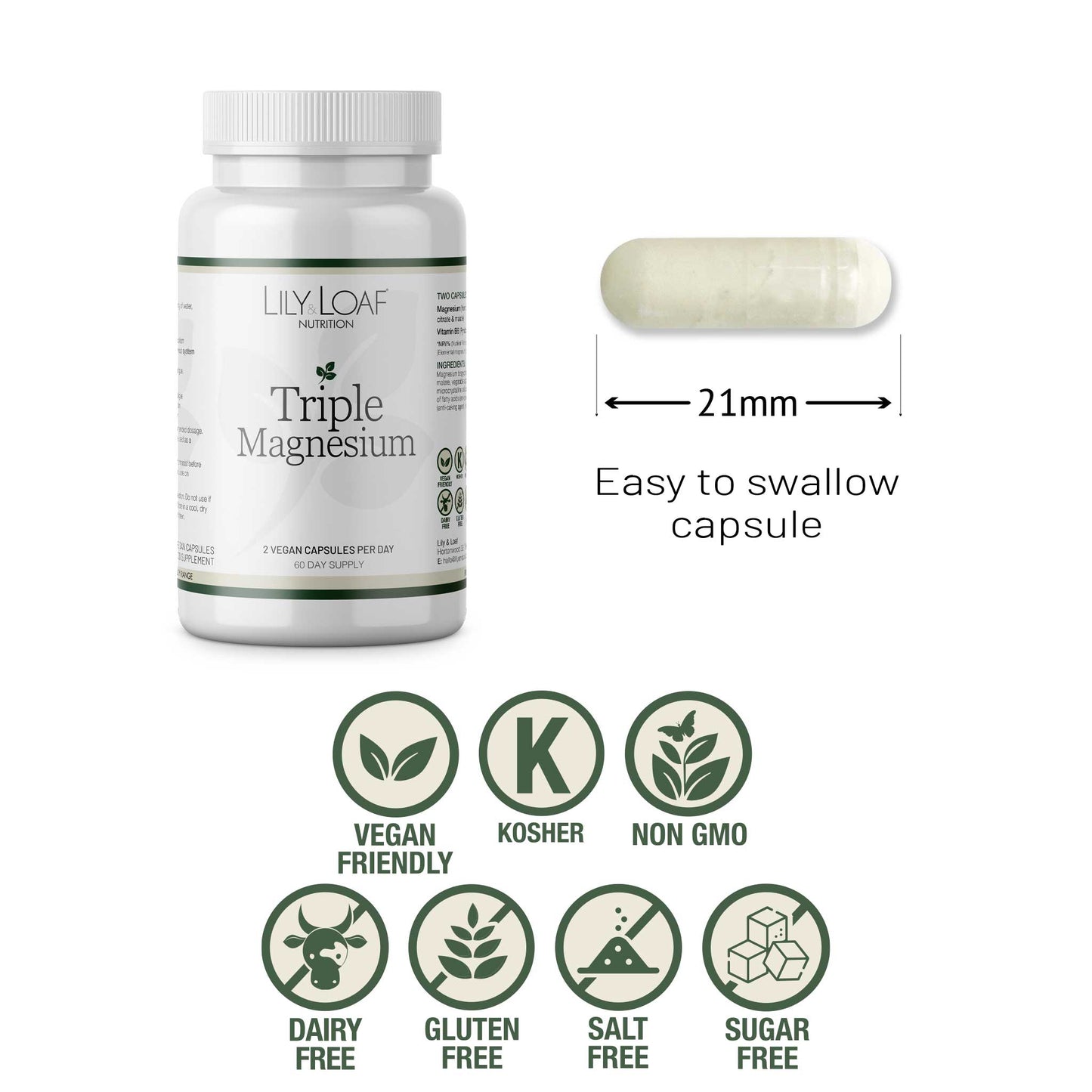 Lily & Loaf Triple Magnesium bottle with 21mm easy-to-swallow capsule and vegan, kosher, free-from icons.