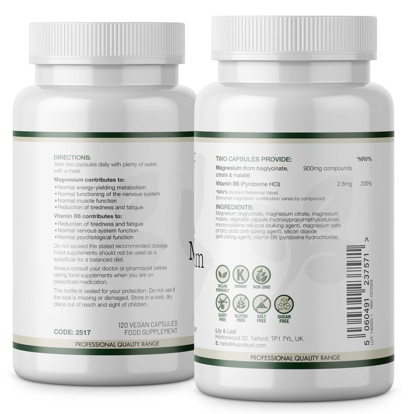 Back label of Lily & Loaf Triple Magnesium capsules showing directions, ingredients, dosage, vegan and allergen-free icons.