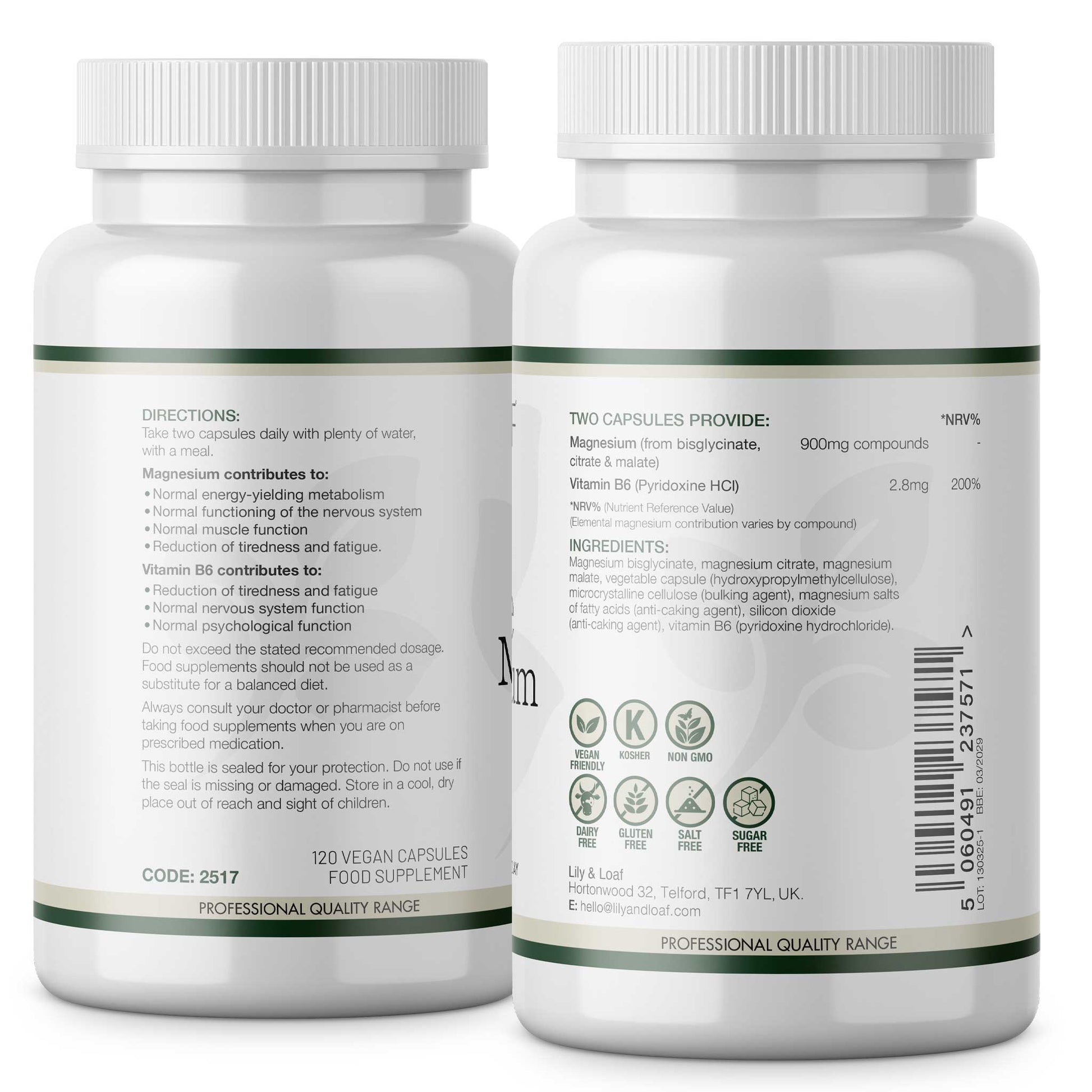 Back label of Lily & Loaf Triple Magnesium capsules showing directions, ingredients, dosage, vegan and allergen-free icons.